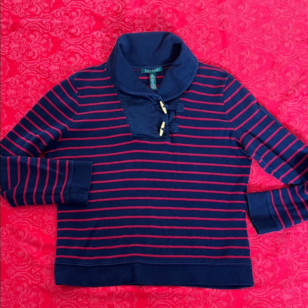 Lauren Ralph Lauren Navy Red Striped Shawl Collar Sweater XL Cotton
